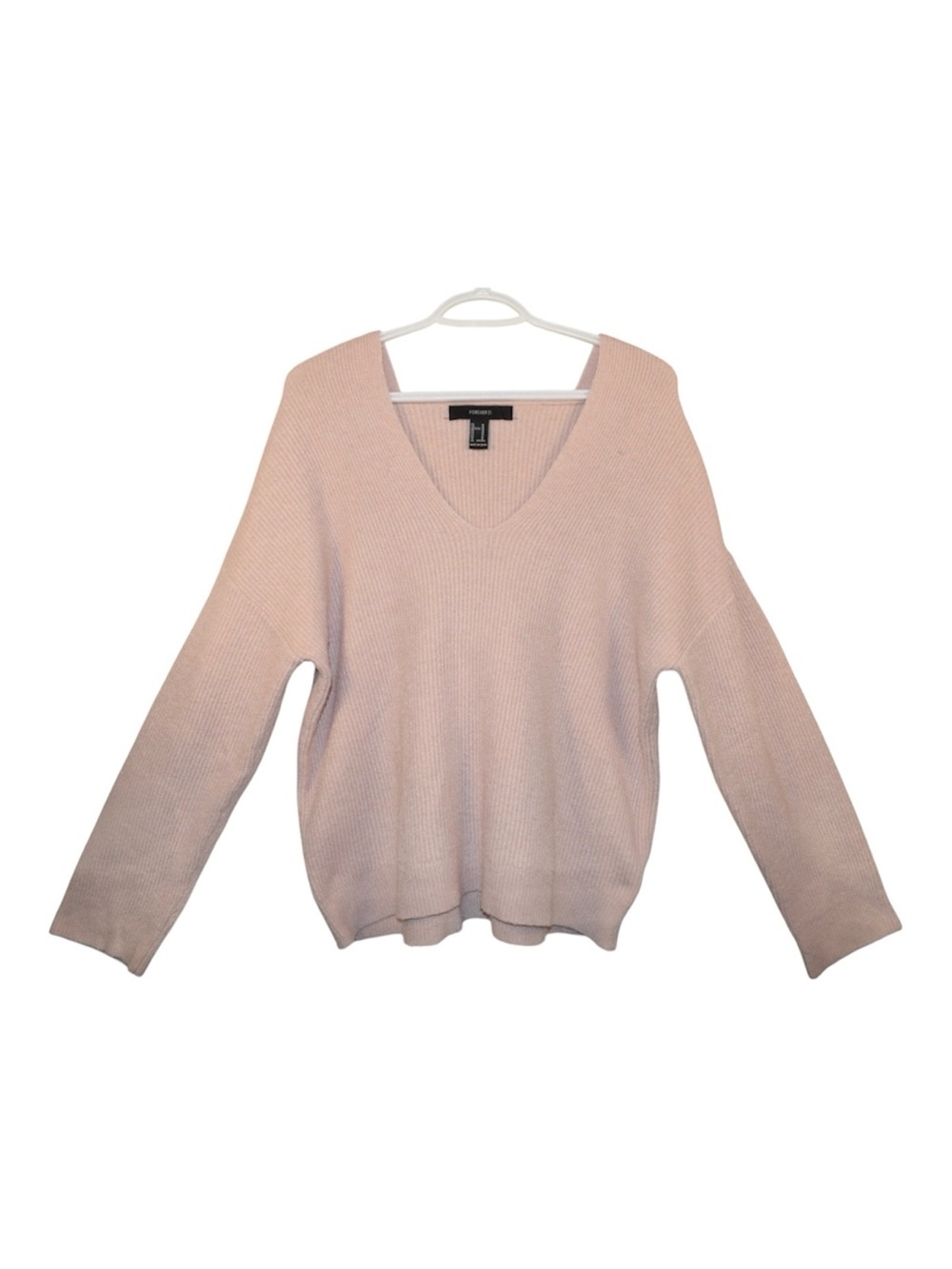 Forever 21 Blush Pink V-Neck Hooded Ribbed Knit Sweater